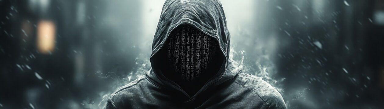 A shadowy figure in a hoodie with a face made of flowing binary code, symbolizing an anonymous hacker or programmer, in a dark, cyberpunkinspired setting