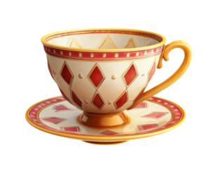 colorful teacup with diamond pattern sits on matching saucer, isolated on transparency background. vibrant design features red and gold accents, creating playful and elegant look