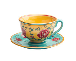vibrant teacup with floral patterns sits on matching saucer, showcasing intricate designs and bright colors. cup features yellow interior and turquoise exterior adorned with red roses