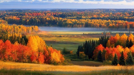 Obraz premium A vibrant autumn landscape with colorful trees and a serene valley under a blue sky.