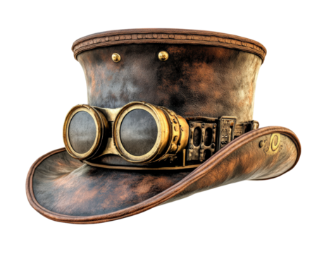 steampunk top hat with goggles, featuring vintage design and metallic accents, isolated transparency background. hat showcases intricate details and rustic finish, embodying classic steampunk