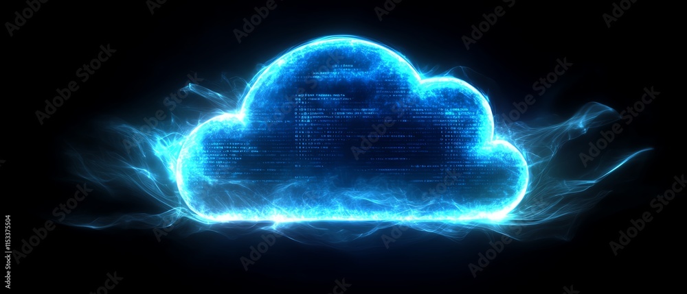 Poster glowing blue digital cloud symbol against a dark background, representing cloud technology, storage,