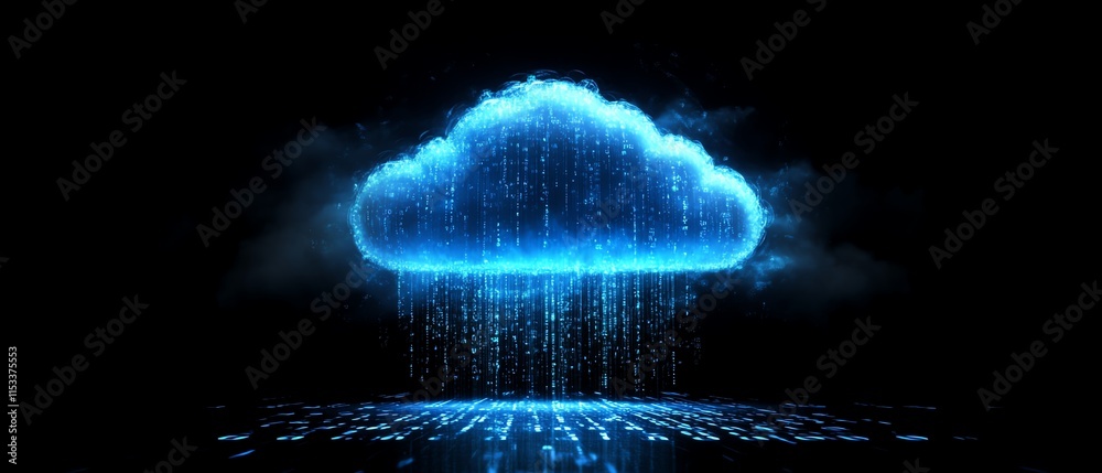 Poster glowing blue digital cloud symbol against a dark background, representing cloud technology, storage,