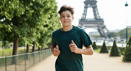 Young caucasian teen male running near eiffel tower in paris on a sunny day for fitness and wellbeing