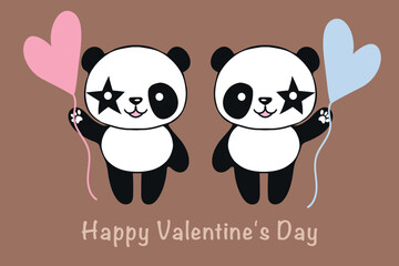 Valentine card with cute pandas and hearts. The concept of love. Vector illustration on mocha mousse background. Vector