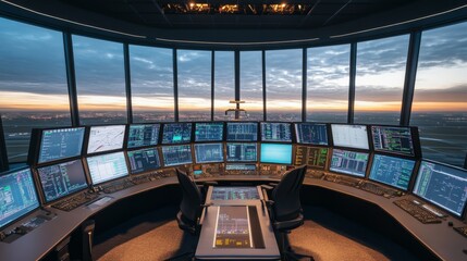 Air traffic control room with an array of monitors displaying radar, communication systems, and flight data. The panoramic view through large windows reveals a sunset over the airport, creating a calm