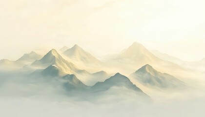 Light-colored background, mountains made of clouds and mist in the distance, Stereoscopic mountain range，vector illustration style, light gray and gold, flowing brushwork