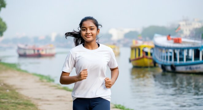 Young asian female jogger enjoying a run by a scenic riverside with colorful boats