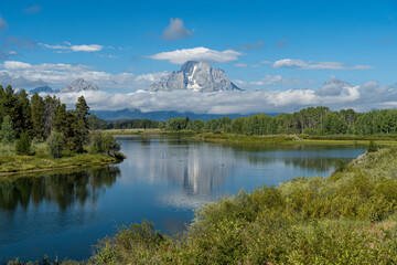 The Snake River and the Mount Moran in the background in the Oxbow Bend viewpoint in Grand Teton...