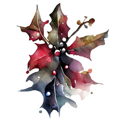 Naklejka premium Watercolor illustration of Christmas holly branch and berries isolagted on transparent background