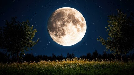 Moonlight Meadow. Full moon glowing over wildflowers field under starr