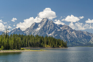 Mount Moran reflecting over the Jackson Lake along the Lakeshore Trail in the Grand Teton National Park, Wyoming