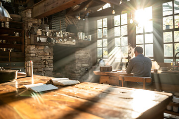 farmhouse kitchen, in a quaint farm kitchen, a denim-clad farmer plans his days tasks over coffee, surrounded by rustic charm and practicality