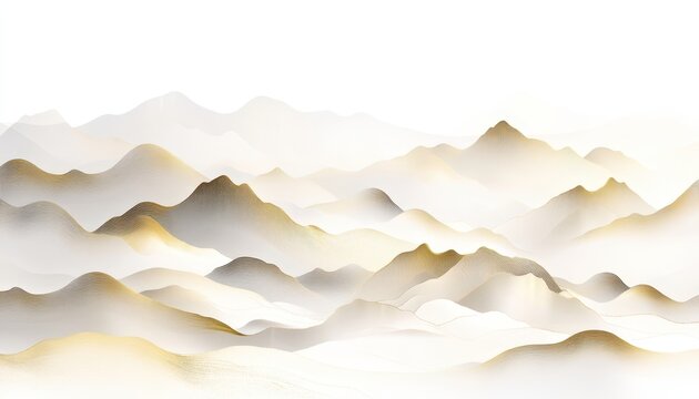 Light-colored background, mountains made of clouds and mist in the distance, Stereoscopic mountain range，vector illustration style, light gray and gold, flowing brushwork