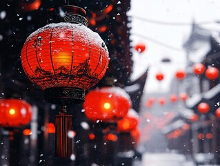 Red Lanterns in Snowy Winter Scene