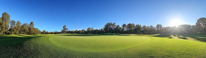 Obraz premium A closeup of a golf club and ball on the green, under a clear blue sky, symbolizing the harmony between sport and lifestyle in a tranquil, outdoor setting