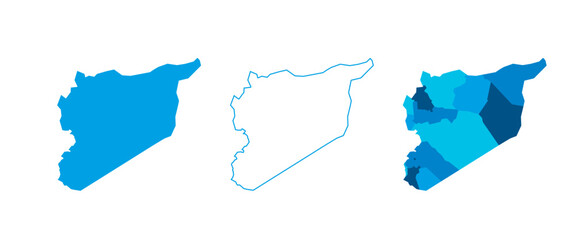 Syria set of three maps - solid map, outline map and map highlighting administrative divisions. Three distinct maps illustrate various representations of a geographical area.