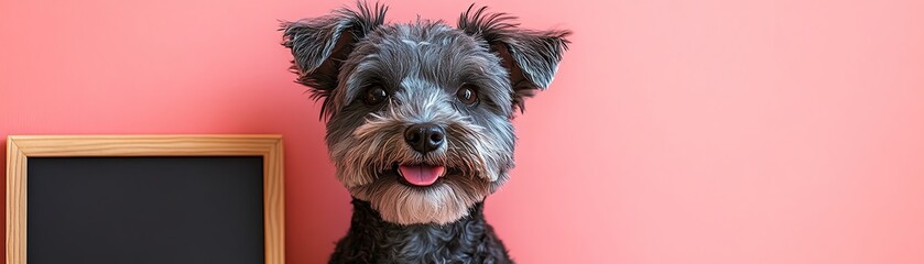 Naklejka premium A cute dog sitting beside a blank board on a pink background, ideal for pet business promotions, advertisements, and branding content