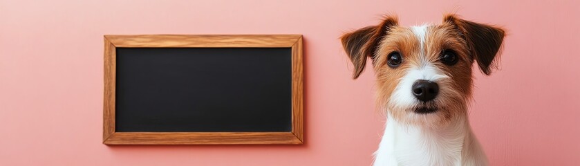 A cute dog sitting beside a blank board on a pink background, ideal for pet business promotions, advertisements, and branding content
