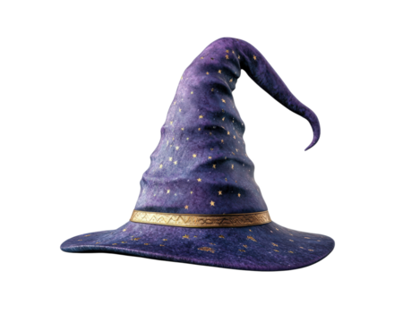 purple wizard hat with golden stars and decorative band, isolated on transparency background, evokes sense of magic and fantasy