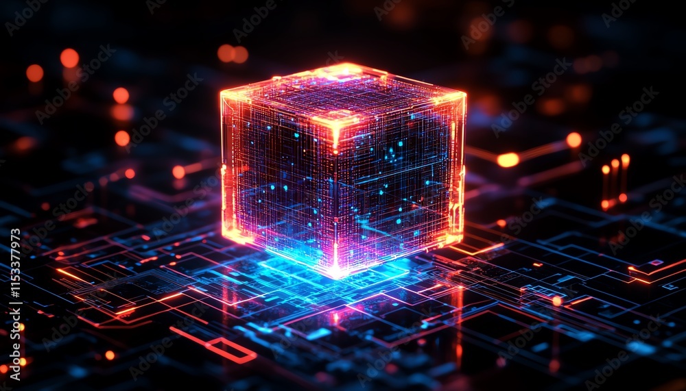 Poster a futuristic glowing cube on a digital circuit board, representing technology and ai, surrounded by 