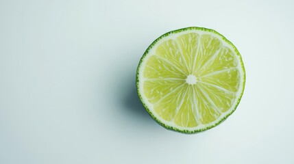 A detailed shot of a vibrant green lime cut in half on white