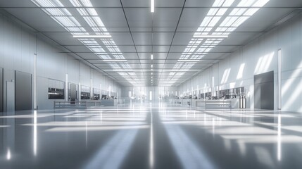 Automated EV Powertrain Manufacturing Facility: Robotic Welding Stations, Geometric Machinery Patterns, and Pristine Factory Floor in Diffused Natural Light. Photorealistic Detail.