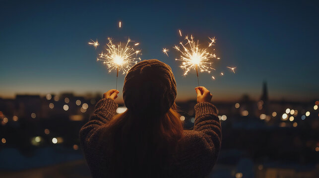 fireworks in the hand, sparkler in hand, light bulb in the dark,  sparkler firework in the night sky - Powered by Adobe