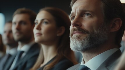 This image captures a professional setting where business men and women are engaged in a meeting or press conference.