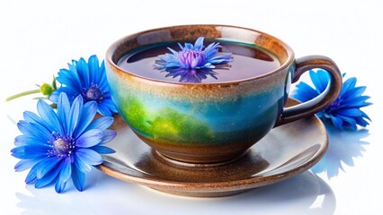 Surreal Chicory Drink: Vibrant Hot Beverage in Cup, Isolated White Background