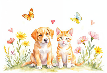 Fototapeta premium Puppy and kitten are friends, butterflies are flying around, watercolor style illustration