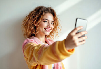 Young bright girl takes selfie on smartphone, on white background
