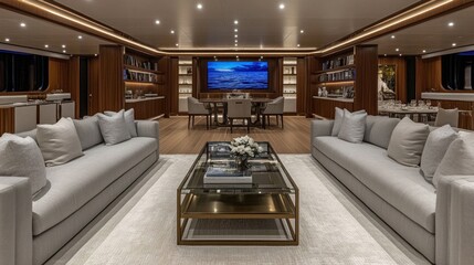 Luxurious yacht interior with sofas, dining area, and large screen.