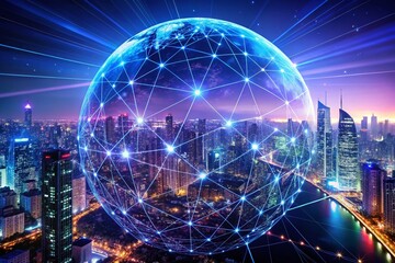 Fototapeta premium Surreal Cityscape: Digital Globe Over Skyline, Connectivity & Technology