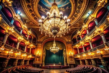 Fototapeta premium Surreal Classic Theater: Chandelier, Lights & Dramatic Shadows