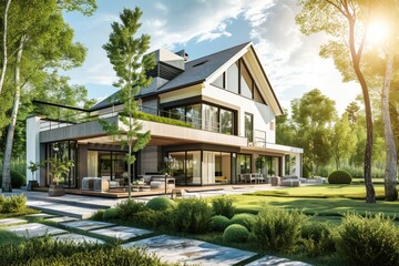 Modern Luxury Estate: Beautiful Panoramic Home with Lush Garden in Secluded Village Setting