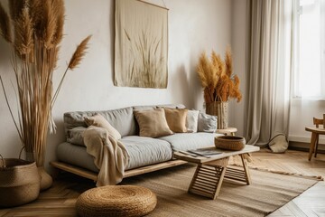 Fototapeta premium Modern Luxury Living Room Interior with Modular Sofa, Elegant Furniture, and Rattan Decor
