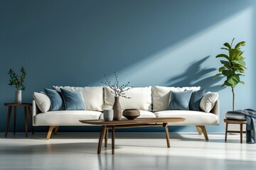 Modern Scandinavian Living Room Interior with Blue Wall, Sofa, and Wooden Coffee Tables