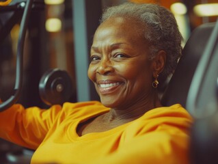 Smiling Elderly Woman Exercising in Gym