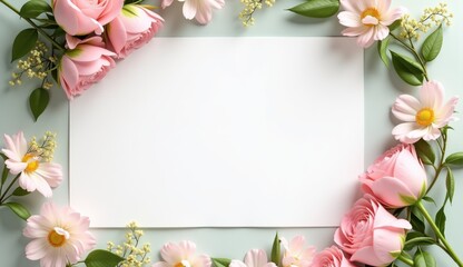 Blank invitation card for hen party with pink flowers on pastel green background and copy space