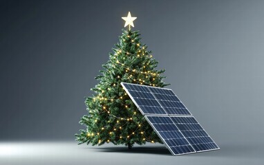 christmass tree and solar panel on grey background