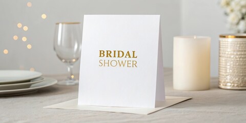 Elegant bridal shower invitation card with golden text on festive table setting and soft lighting