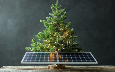 christmass tree and solar panel on grey background