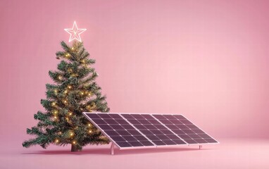 christmass tree and solar panel on pink background