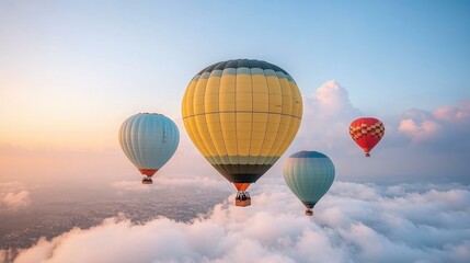 Obraz premium Sky Balloons. Kubernetes backup Martech saas Mlops Cloud based services heic engineering Telegram channel Cloud4C 1440 Daily Digest Internxt Yellow blue hot air flying above clouds at sunr