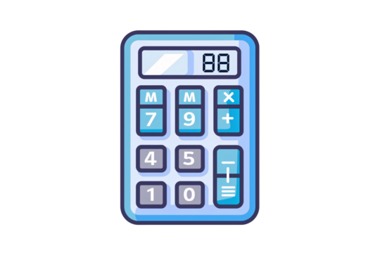 a blue calculator with white buttons