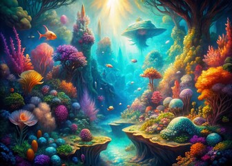 Abstract Watercolor Underwater Kingdom: Surreal Fantasy Ocean Scene