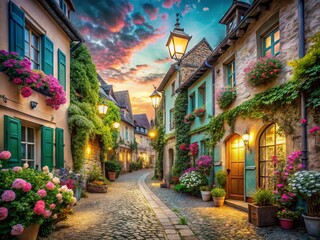 Fototapeta premium Surreal Dreamy French Village Street: Cobblestone Lane, Pastel Houses, Magical Lighting