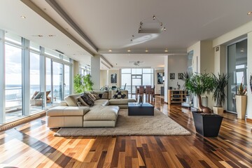 Fototapeta premium Spacious and Luxurious Living Room with Hardwood Floors and Blue Accents
