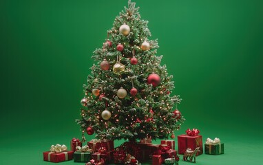 christmass tree with decorations toys and lights on green background